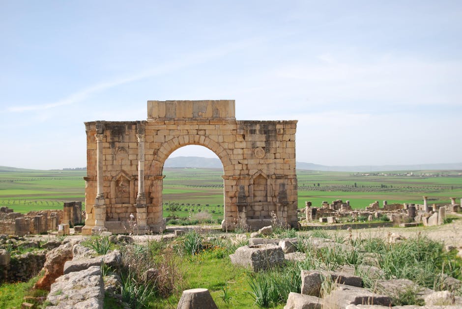 Ancient Roman triumphal arch at Volubilis in Mequinez, Morocco, a UNESCO World Heritage site.